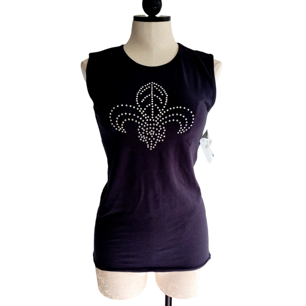 Montanaco Fleur de Lys Black Tank Top Iridescent Rhinestones Sz Large